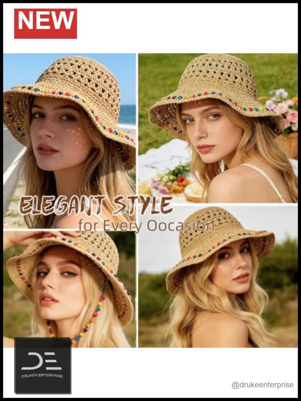 Wide Brim Straw Sun Hat with Rainbow Beaded Strap Packable for Travel